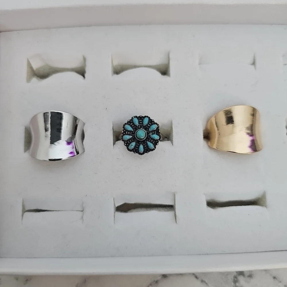 3 Pcs Adjustable Fashion Rings Gold Silver Blue Country Southern Girl